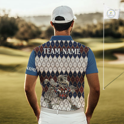 Custom Blue Red Argyle Mens Golf Polo Shirt Skull Flamingo Design, Personalized Team Name Shirt NHT794