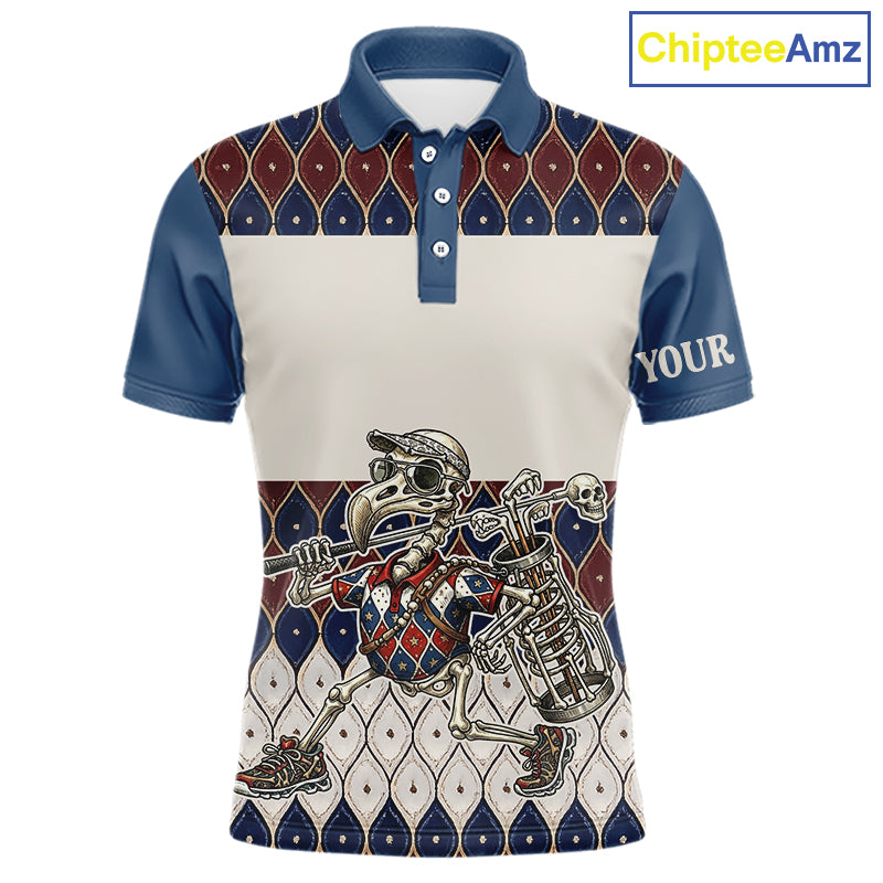 Custom Blue Red Argyle Mens Golf Polo Shirt Skull Flamingo Design, Personalized Team Name Shirt NHT794