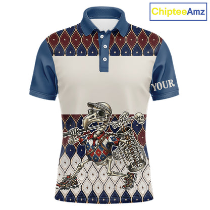 Custom Blue Red Argyle Mens Golf Polo Shirt Skull Flamingo Design, Personalized Team Name Shirt NHT794