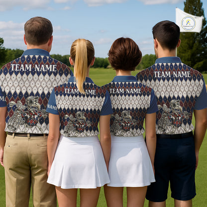 Custom Blue Red Argyle Mens Golf Polo Shirt Skull Flamingo Design, Personalized Team Name Shirt NHT794