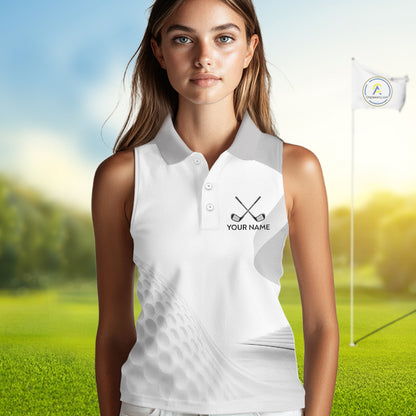 Personalized Golf Ball Sleeveless Polo Shirt Gray Golf Pattern Custom Name Golf Polo For Womens NHT950