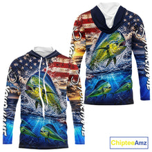 Load image into Gallery viewer, Personalized Dolphin Fish Patriotics Jersey Mahi Mahi Long Sleeve Hooded Fishing Shirt Apparel 