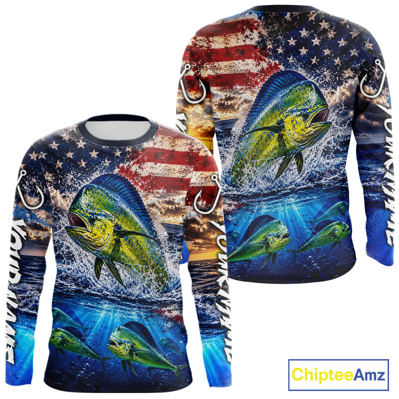 Personalized Dolphin Fish Patriotics Jersey Mahi Mahi Long Sleeve Fishing Shirt Apparel 