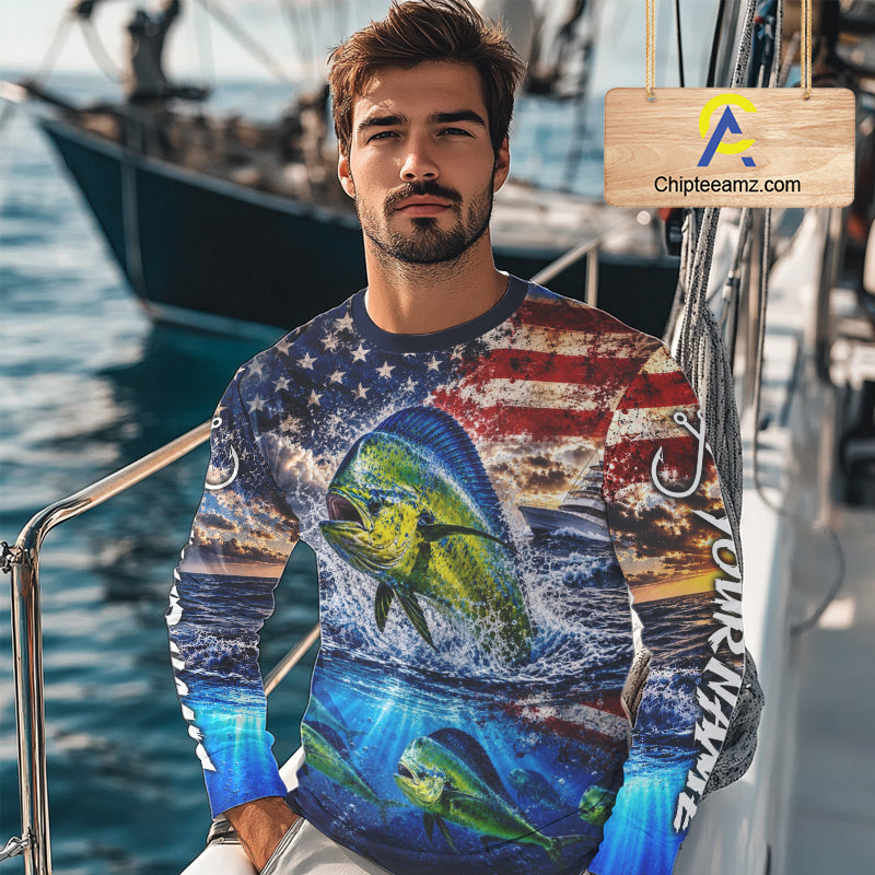 Personalized Dolphin Fish Patriotics Jersey Mahi Mahi Long Sleeve Fishing Shirt Apparel 