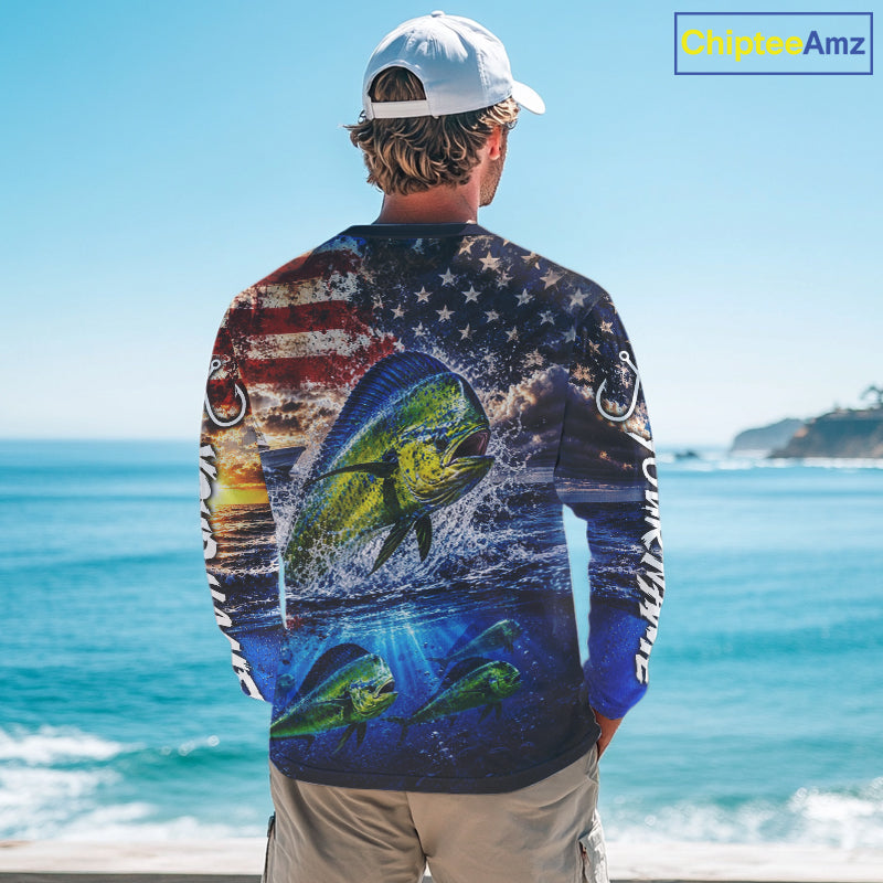 Personalized Dolphin Fish Patriotics Jersey Mahi Mahi Long Sleeve Fishing Shirt Apparel 