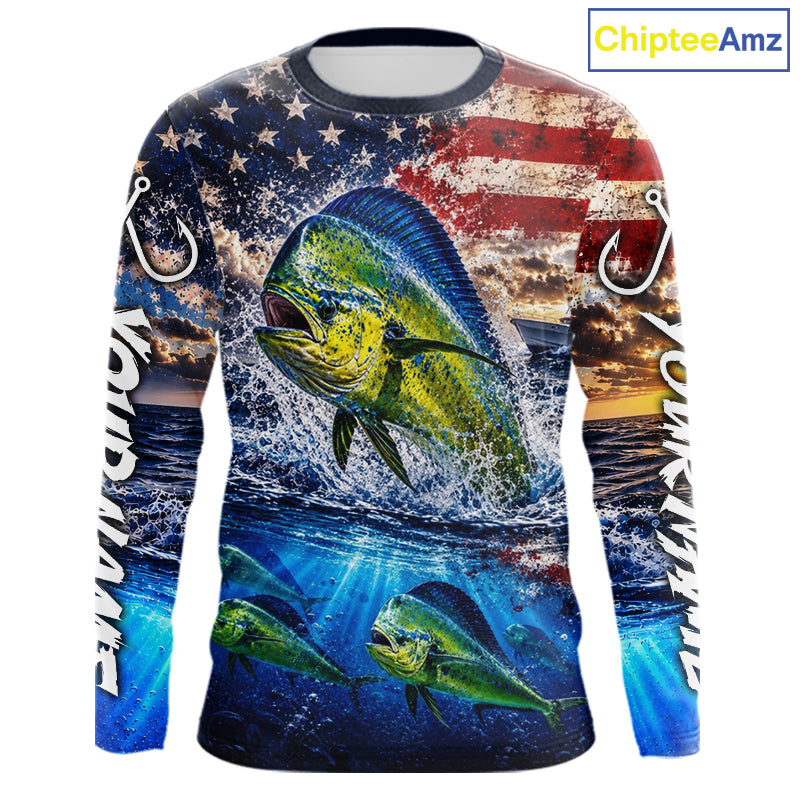 Personalized Dolphin Fish Patriotics Jersey Mahi Mahi Long Sleeve Fishing Shirt Apparel 