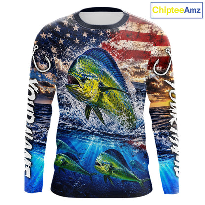Personalized Dolphin Fish Patriotics Jersey Mahi Mahi Long Sleeve Fishing Shirt Apparel 