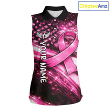 Load image into Gallery viewer, Personalized Breast Cancer Awareness Sleeveless Women Polo Shirt American Flag Pink Ribbon – Golf Gift For Women NHT799
