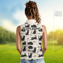 Load image into Gallery viewer, Personalized Black Cat Lover Sleeveless Women Golf Polo Shirt – Custom Name Cute Cat Pattern Shirt For Women NHT801
