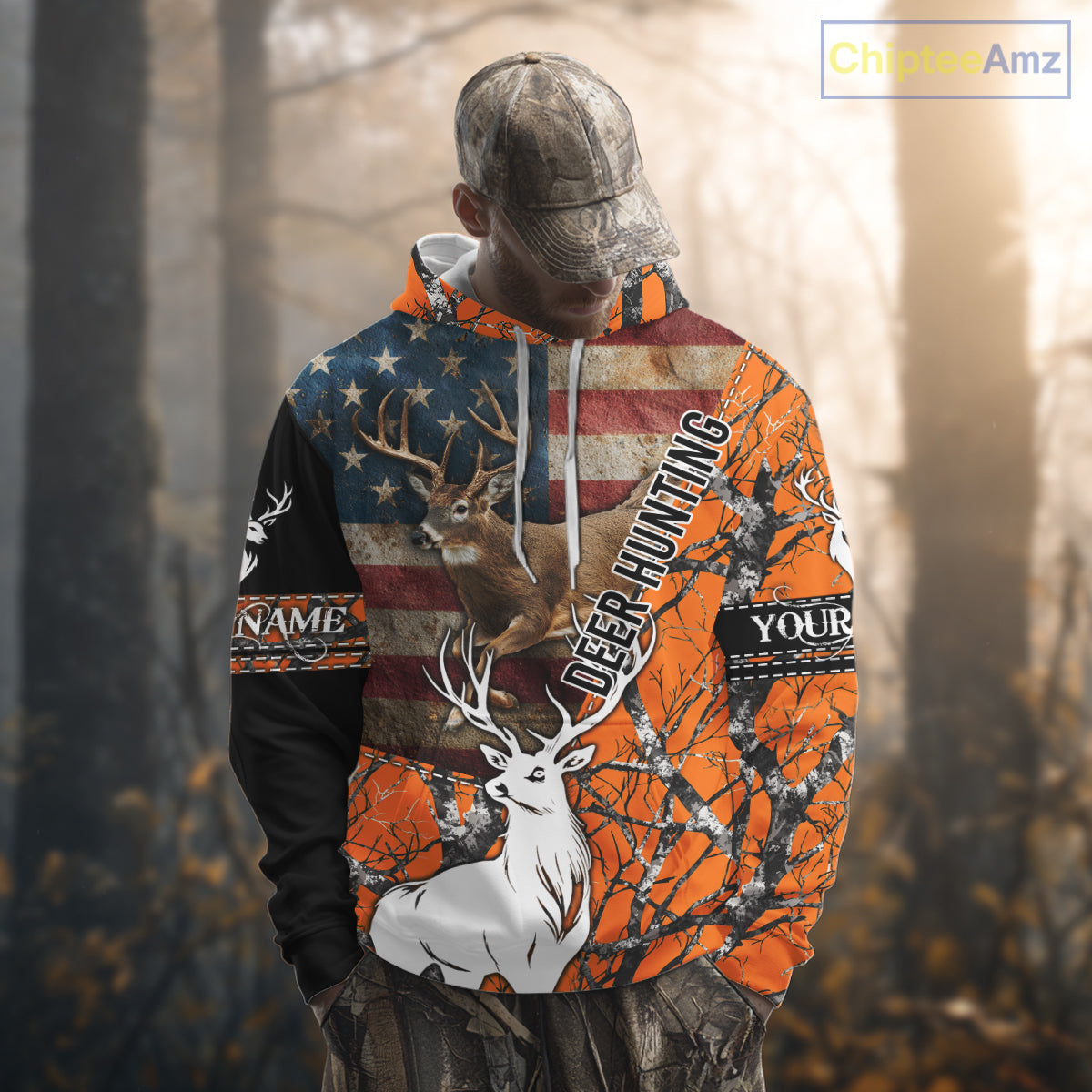 Deer Hunting Shirt Personalized 3D All Over Print Orange Camo With US Flag Hunting Clothes NHT156