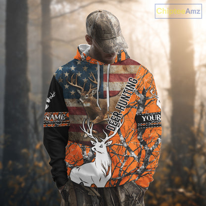 Deer Hunting Shirt Personalized 3D All Over Print Orange Camo With US Flag Hunting Clothes NHT156