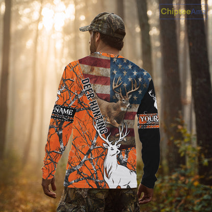 Deer Hunting Shirt Personalized 3D All Over Print Orange Camo With US Flag Hunting Clothes NHT156