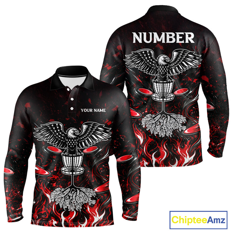 Personalized Disc Golf Polo Shirt With Eagle Design, Customizable Name, Unisex Sports Jersey For Men|Red NHT810