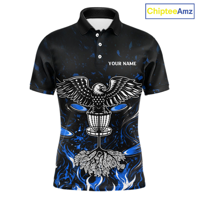 Personalized Mens Disc Golf Polo Shirt With Eagle Design, Customizable Name, Unisex Sports Jersey For Men|Blue NHT811
