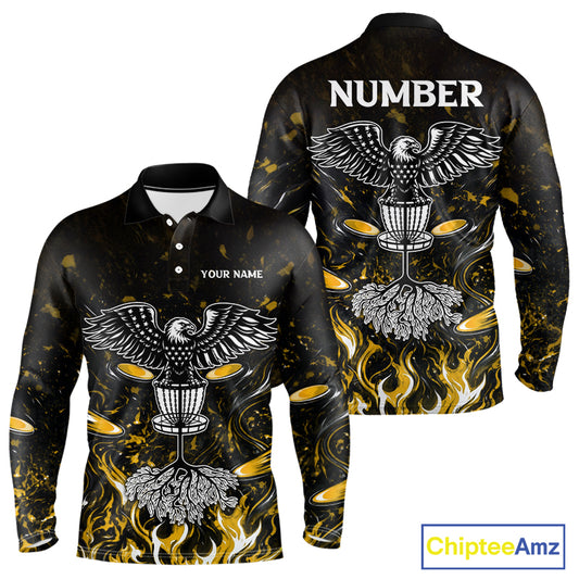 Personalized Mens Disc Golf Polo Shirt With Eagle Design, Customizable Name, Unisex Sports Jersey For Men|Yellow NHT812