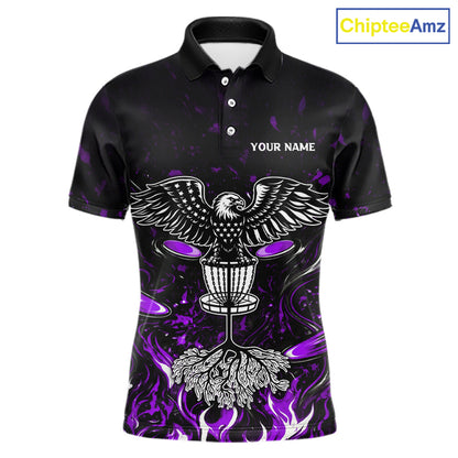 Personalized Mens Disc Golf Polo Shirt With Eagle Design, Customizable Name, Unisex Sports Jersey For Men|Purple NHT813