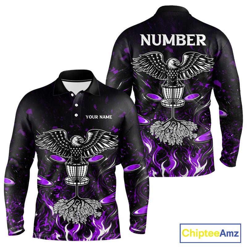 Personalized Mens Disc Golf Polo Shirt With Eagle Design, Customizable Name, Unisex Sports Jersey For Men|Purple NHT813