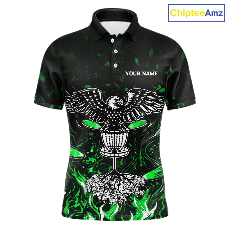 Personalized Mens Disc Golf Polo Shirt With Eagle Design, Customizable Name, Unisex Sports Jersey For Men|Green NHT814