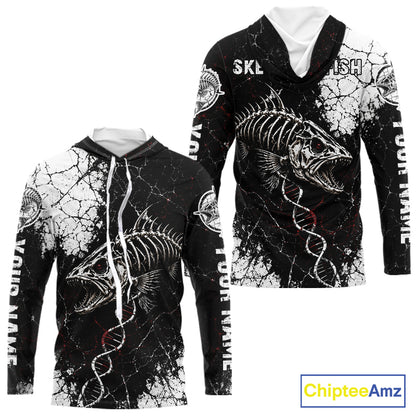 Skeleton Fish Long Sleeve Hooded Shirt DNA Helix Graphic Fishing Lover 3D Print Angler Gift Apparel For Men