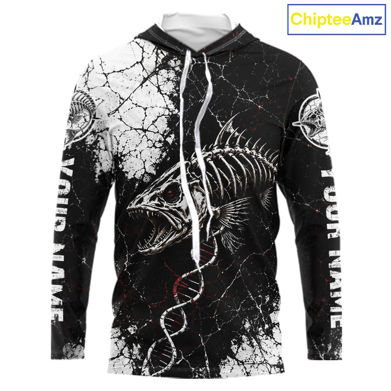 Skeleton Fish Long Sleeve Hooded Shirt DNA Helix Graphic Fishing Lover 3D Print Angler Gift Apparel For Men