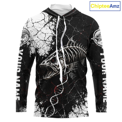 Skeleton Fish Long Sleeve Hooded Shirt DNA Helix Graphic Fishing Lover 3D Print Angler Gift Apparel For Men
