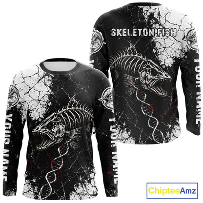 Skeleton Fish Long Sleeve Shirt DNA Helix Graphic Fishing Lover 3D Print Angler Gift Apparel For Men 