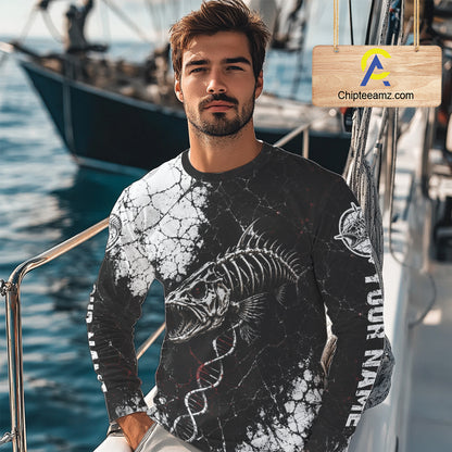 Skeleton Fish Long Sleeve Shirt DNA Helix Graphic Fishing Lover 3D Print Angler Gift Apparel For Men 