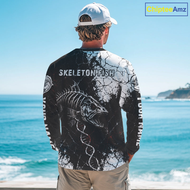 Skeleton Fish Long Sleeve Shirt DNA Helix Graphic Fishing Lover 3D Print Angler Gift Apparel For Men 