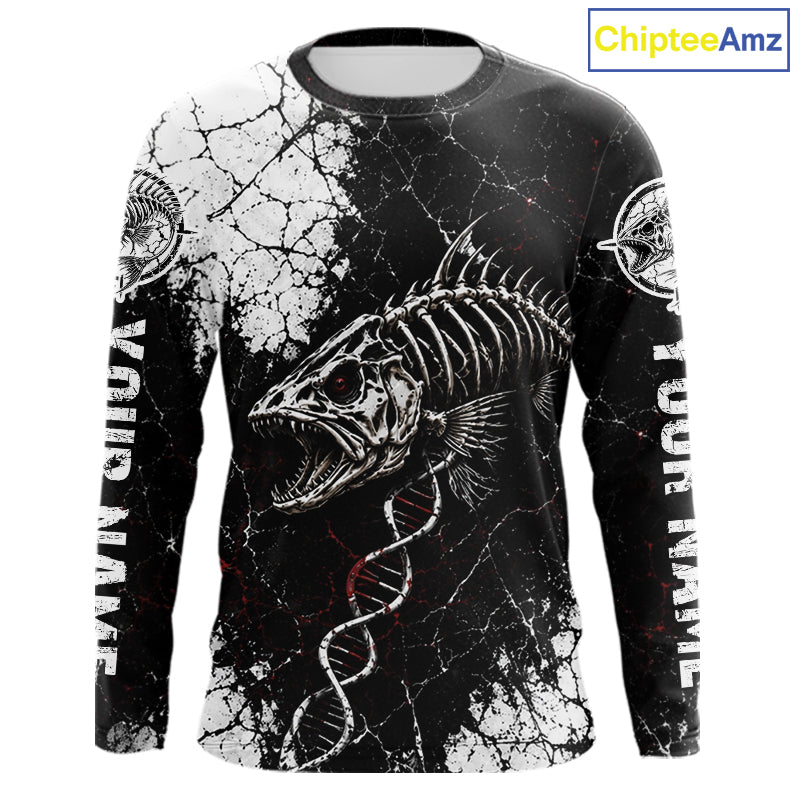 Skeleton Fish Long Sleeve Shirt DNA Helix Graphic Fishing Lover 3D Print Angler Gift Apparel For Men 