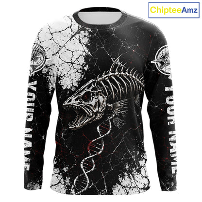 Skeleton Fish Long Sleeve Shirt DNA Helix Graphic Fishing Lover 3D Print Angler Gift Apparel For Men 