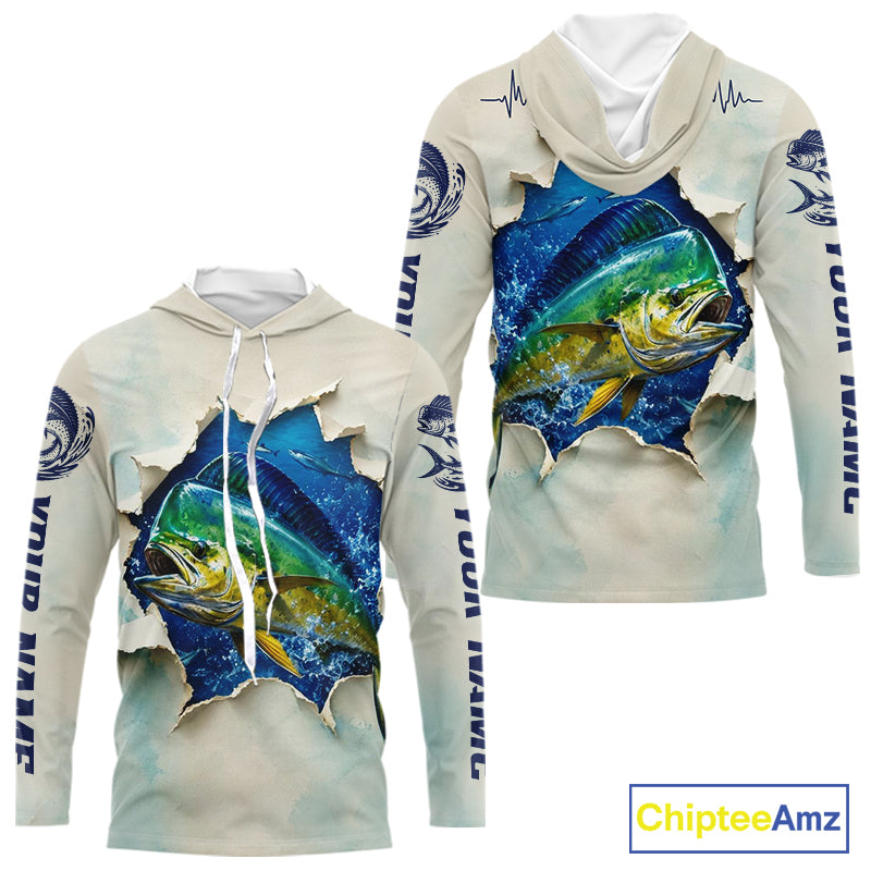 Mahi Mahi Fishing Long Sleeve Hooded Shirt 3D Ocean Fish Graphic Angler Gift For Fishing Lovers For Men