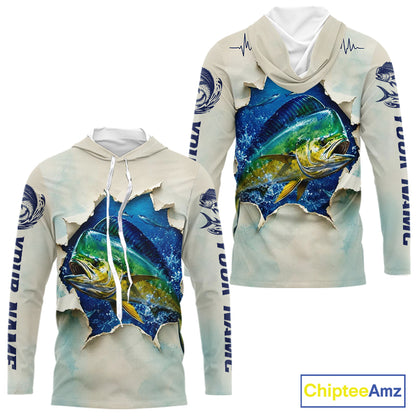 Mahi Mahi Fishing Long Sleeve Hooded Shirt 3D Ocean Fish Graphic Angler Gift For Fishing Lovers For Men