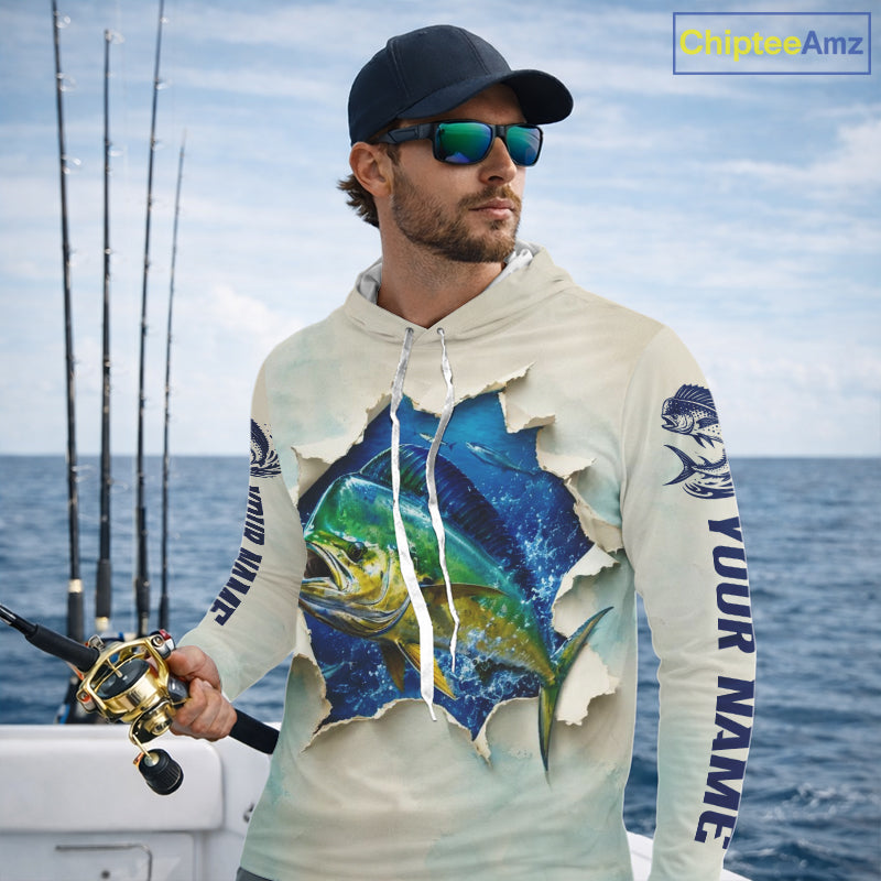 Mahi Mahi Fishing Long Sleeve Hooded Shirt 3D Ocean Fish Graphic Angler Gift For Fishing Lovers For Men