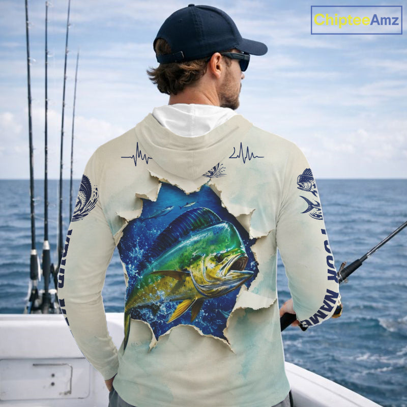 Mahi Mahi Fishing Long Sleeve Hooded Shirt 3D Ocean Fish Graphic Angler Gift For Fishing Lovers For Men
