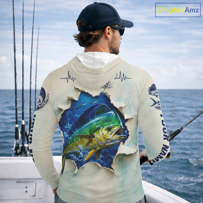 Mahi Mahi Fishing Long Sleeve Hooded Shirt 3D Ocean Fish Graphic Angler Gift For Fishing Lovers For Men