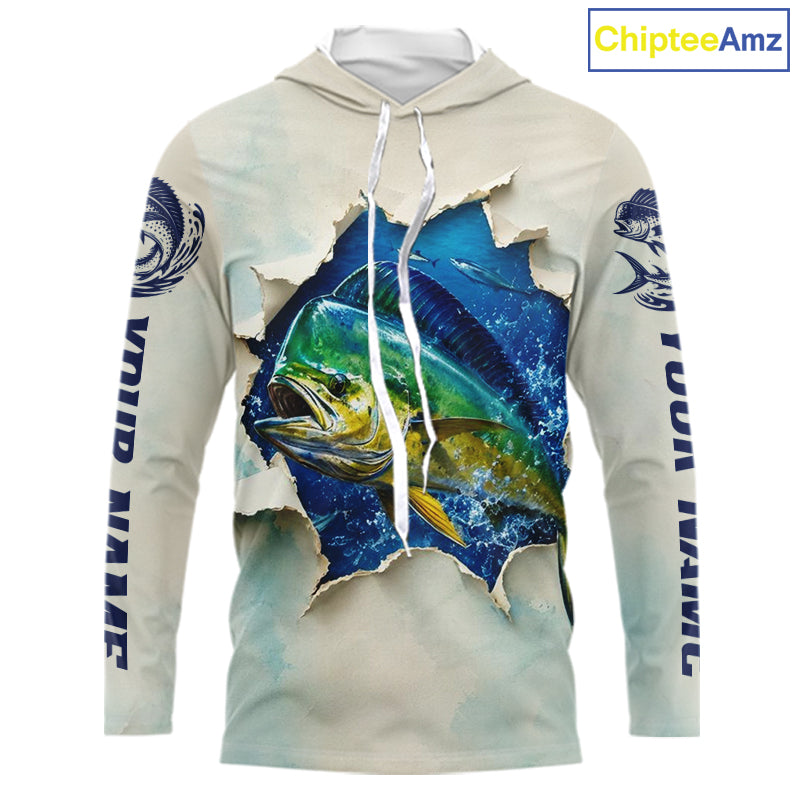 Mahi Mahi Fishing Long Sleeve Hooded Shirt 3D Ocean Fish Graphic Angler Gift For Fishing Lovers For Men