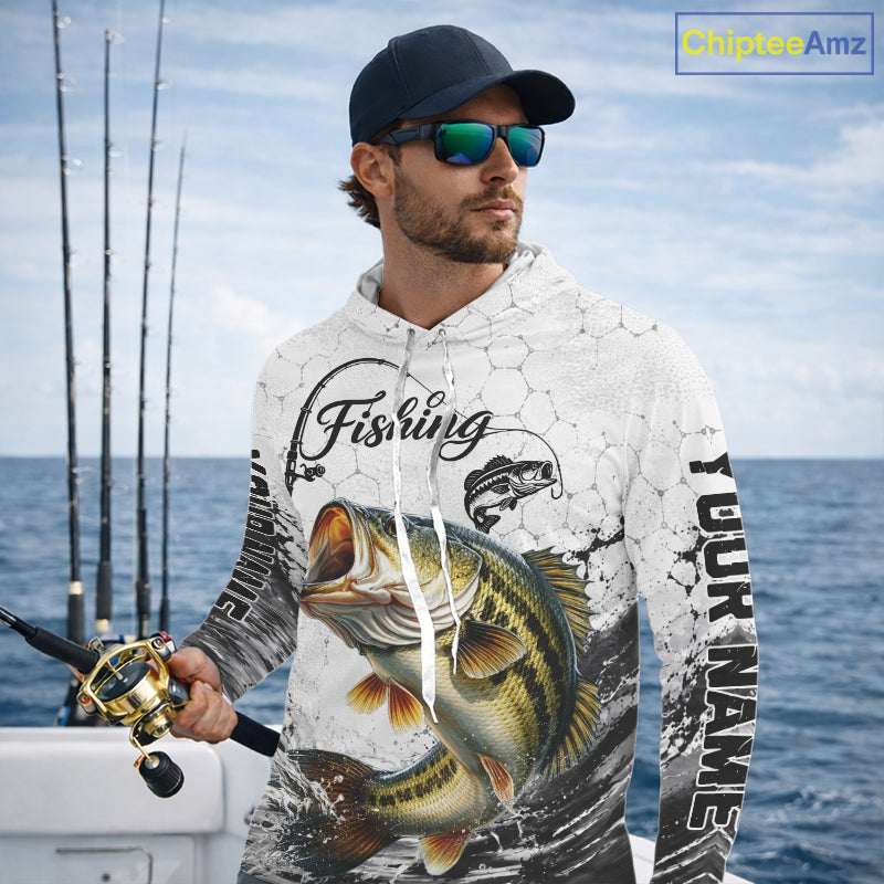 Custom Name Bass Fishing Long Sleeve Hooded Performance Shirt, Bass Gift For Men 