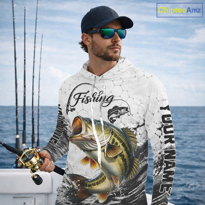 Custom Name Bass Fishing Long Sleeve Hooded Performance Shirt, Bass Gift For Men 