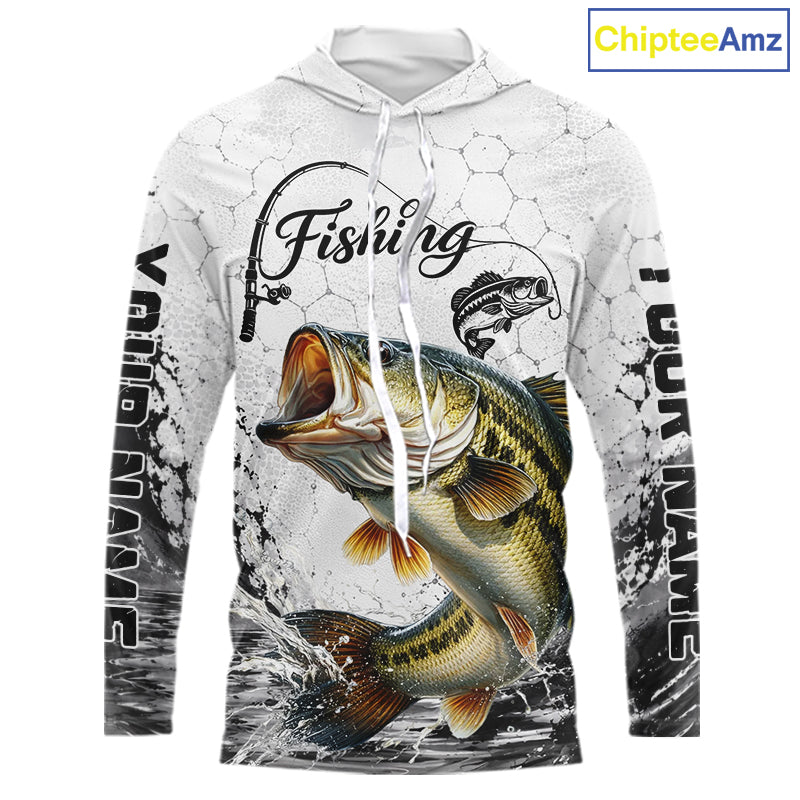 Custom Name Bass Fishing Long Sleeve Hooded Performance Shirt, Bass Gift For Men 