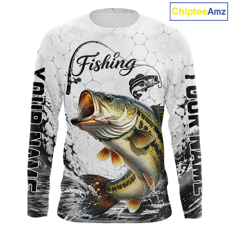 Custom Name Bass Fishing Long Sleeve Performance Shirt, Bass Fishing Shirt Jersey