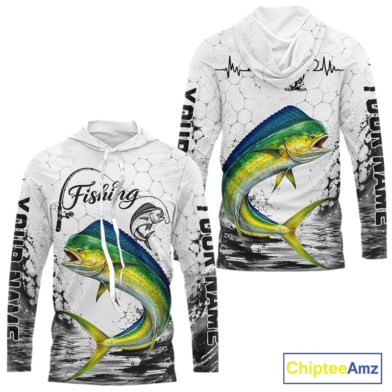 Custom Name Mahi Mahi Fishing Long Sleeve Hooded Performance Shirt, Dolphin Gift For Men 
