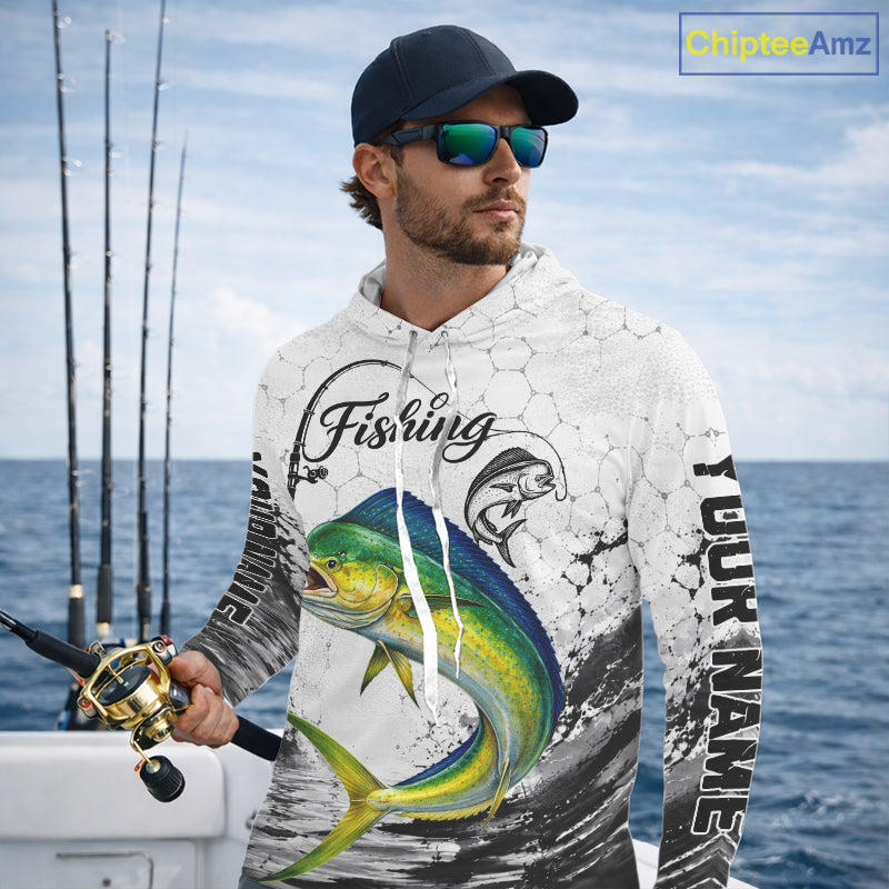 Custom Name Mahi Mahi Fishing Long Sleeve Hooded Performance Shirt, Dolphin Gift For Men 