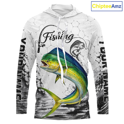 Custom Name Mahi Mahi Fishing Long Sleeve Hooded Performance Shirt, Dolphin Gift For Men 