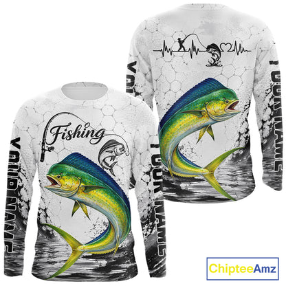 Custom Name Mahi Mahi Fishing Long Sleeve Performance Shirt, Dolphin Gift For Men NHT1121