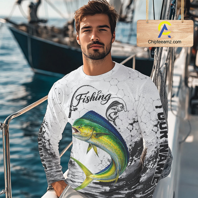 Custom Name Mahi Mahi Fishing Long Sleeve Performance Shirt, Dolphin Gift For Men NHT1121