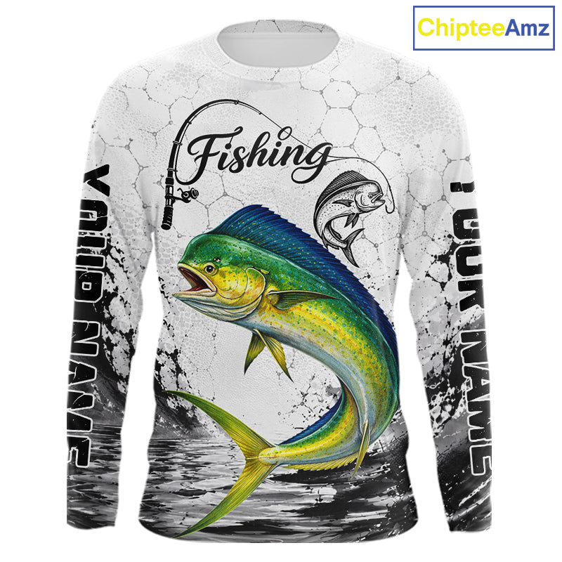 Custom Name Mahi Mahi Fishing Long Sleeve Performance Shirt, Dolphin Gift For Men NHT1121