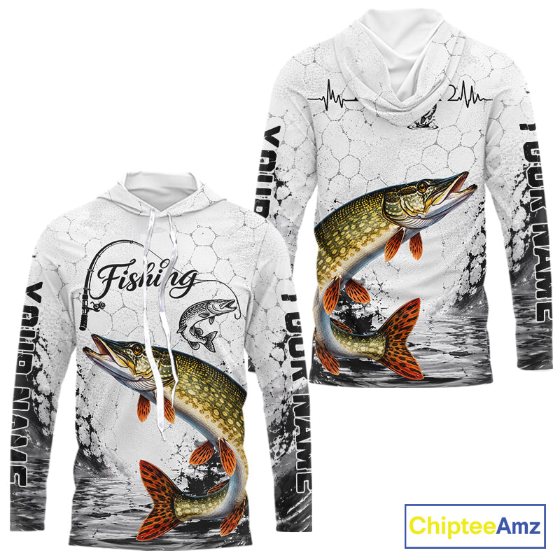 Custom Name Northern Pike Fishing Long Sleeve Hooded Performance Shirt, Pike Gift For Men 