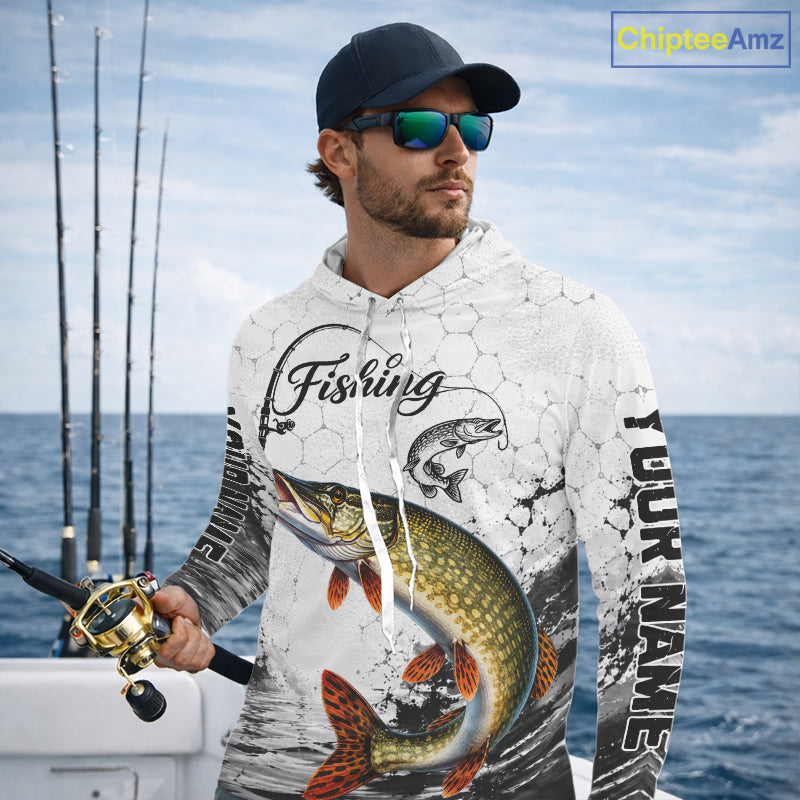 Custom Name Northern Pike Fishing Long Sleeve Hooded Performance Shirt, Pike Gift For Men NHT1122