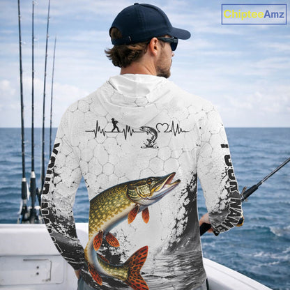 Custom Name Northern Pike Fishing Long Sleeve Hooded Performance Shirt, Pike Gift For Men 