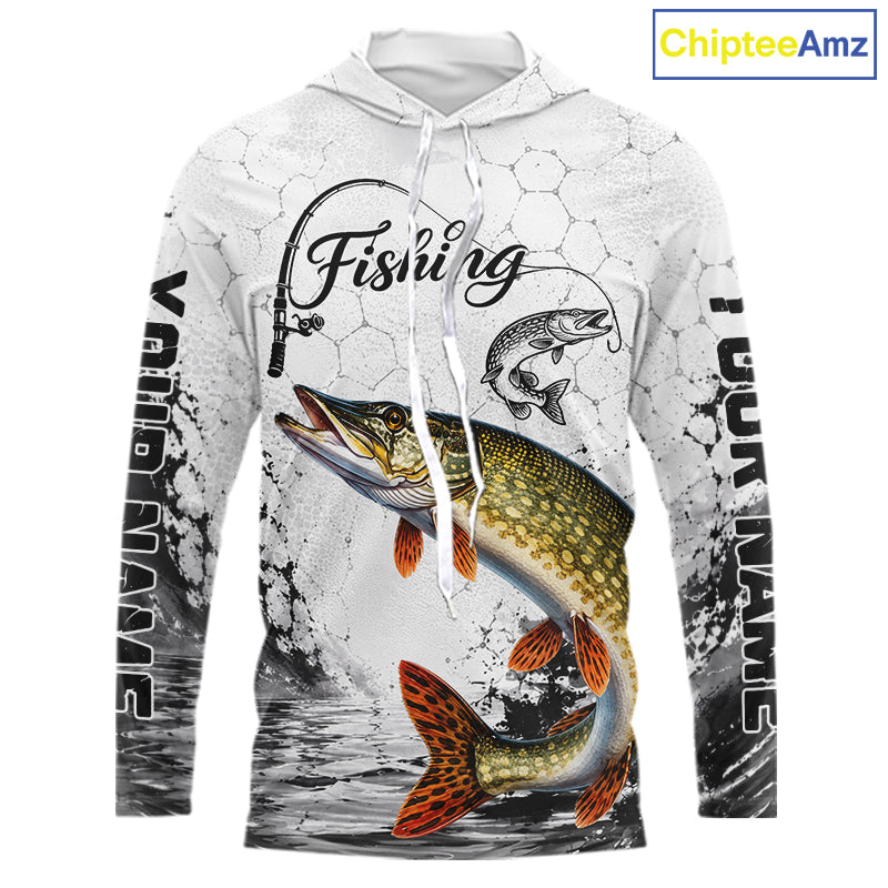 Custom Name Northern Pike Fishing Long Sleeve Hooded Performance Shirt, Pike Gift For Men 